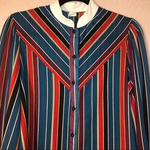 Vintage 70s striped button down blouse shirt black red blue Nehru collar M EUC